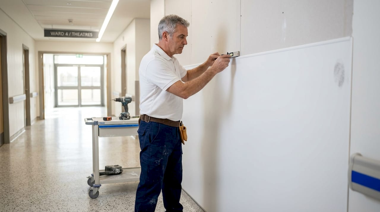 Expert installer aligning hygienic wall panel