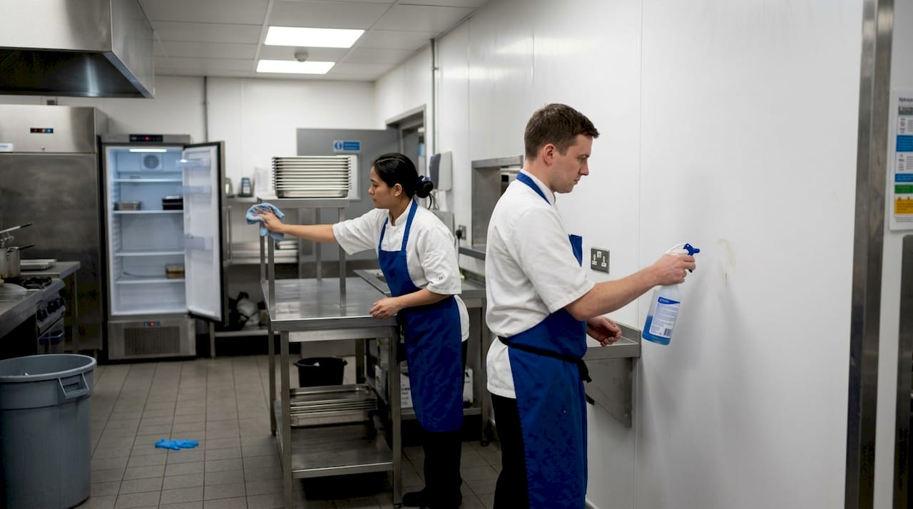 Kitchen staff clean PVC cladding panels