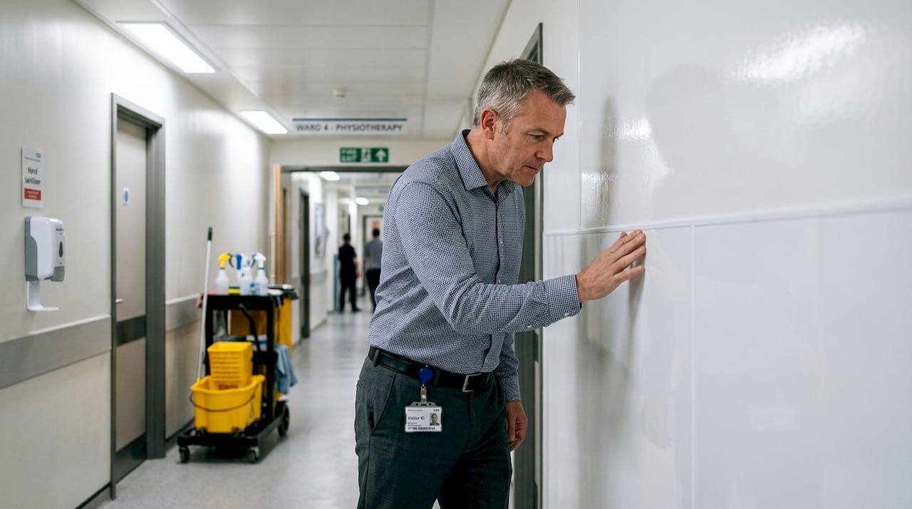 Facility manager examines waterproof cladding in hospital