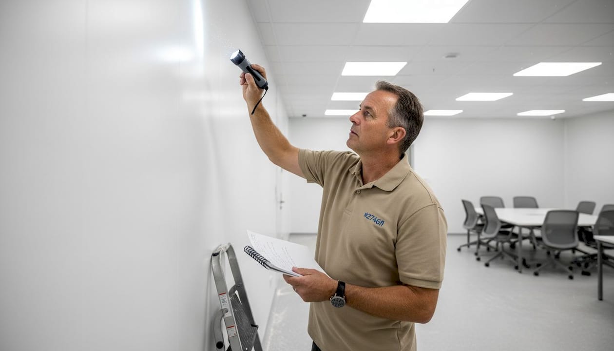 Facility supervisor inspecting wall cladding gap