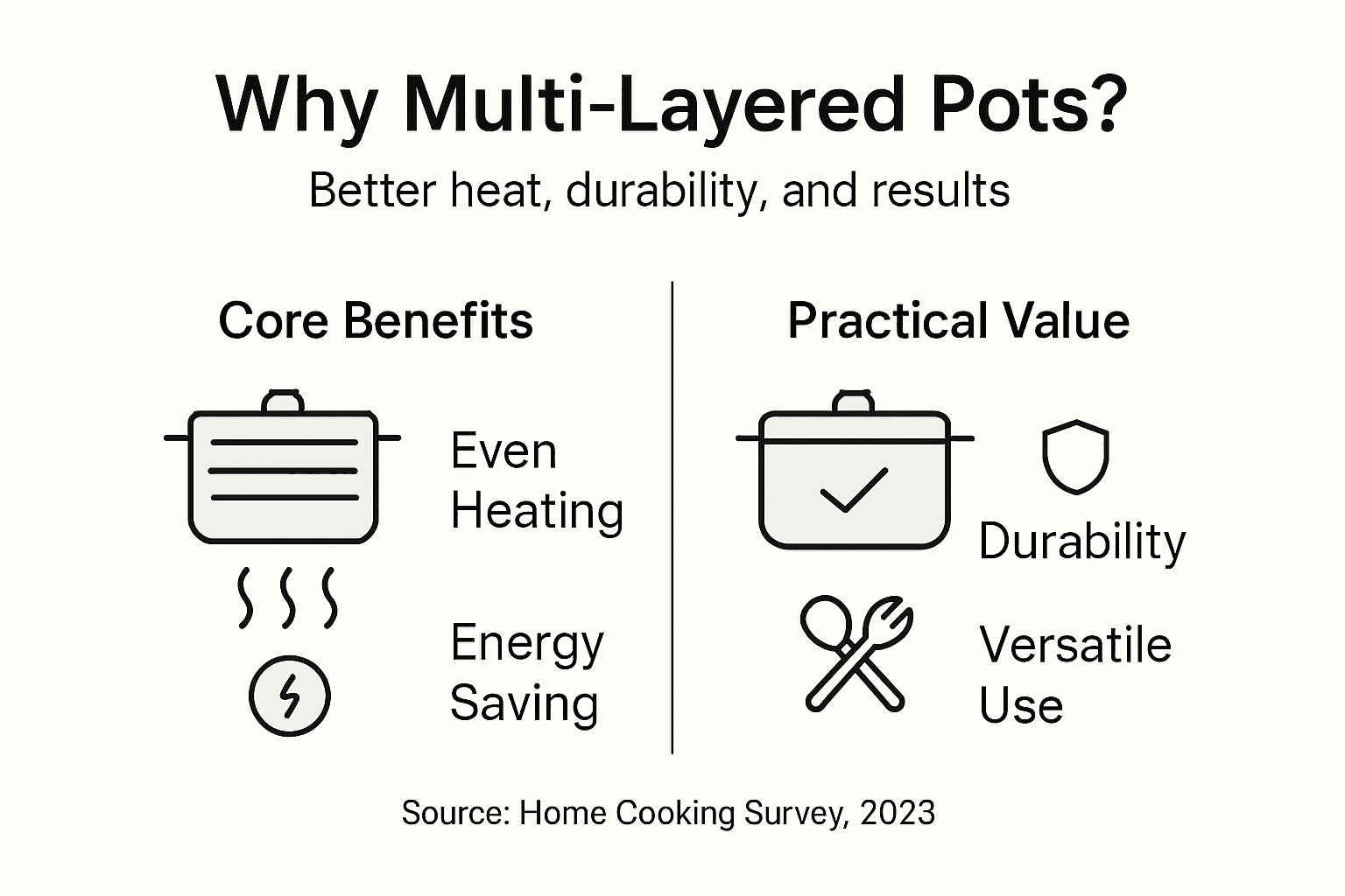 Infographic summarizing multi-layered pot cooking benefits
