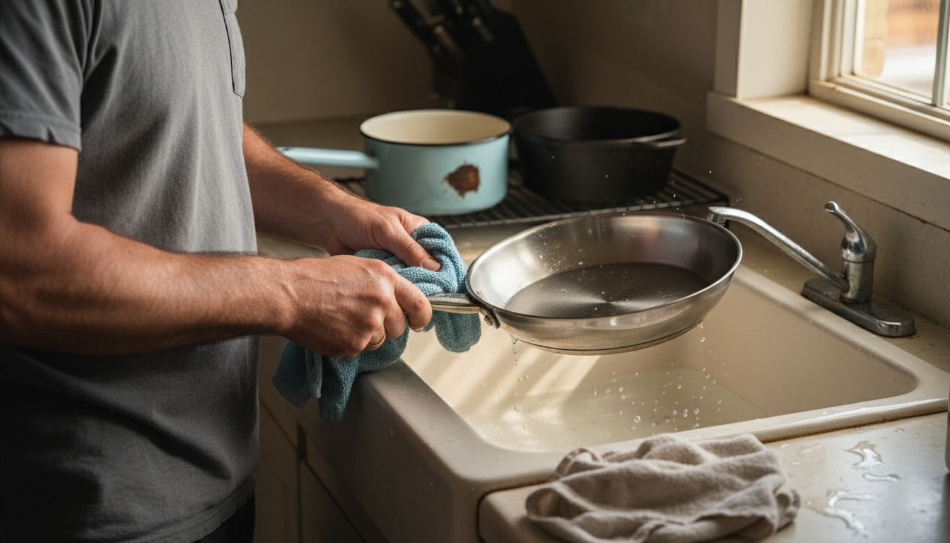 Cook drying pan with dish towel