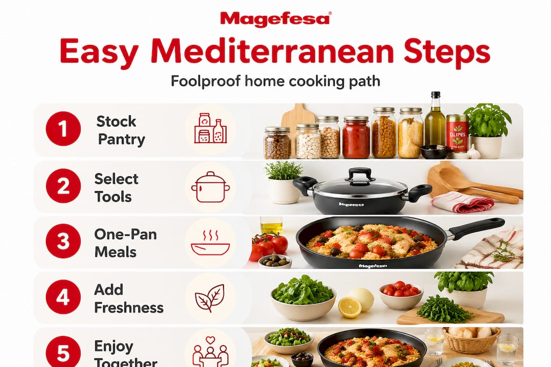 Infographic with steps for Mediterranean home cooking