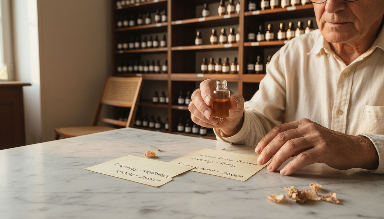 Ein Parfümeur präsentiert eine Flasche mit Vanilleduft und verschiedene natürliche Rohstoffe.<br>Was ist Nischenparfum? Exklusivität und Individualität