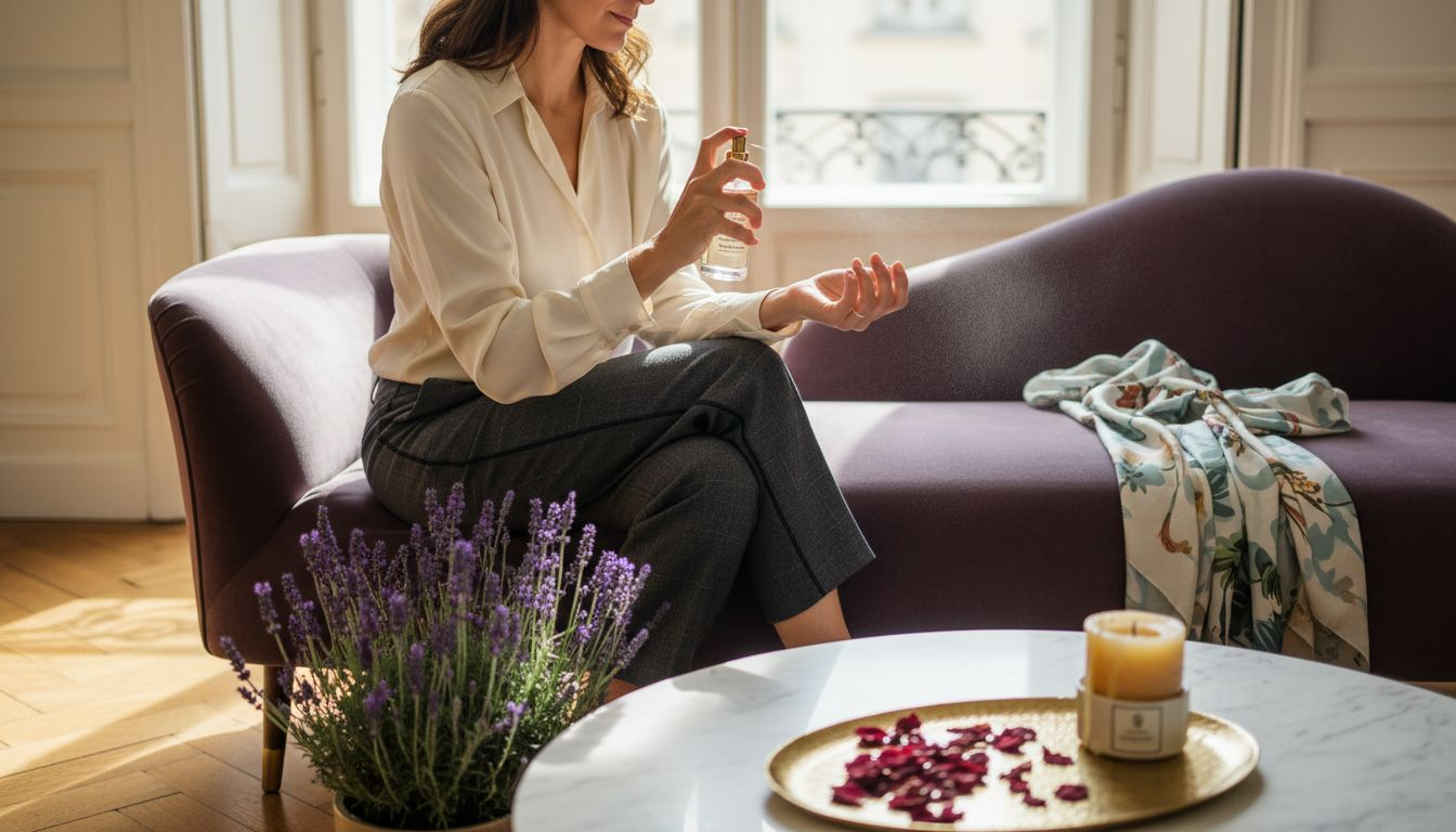 In einem stilvoll eingerichteten Wohnzimmer trägt eine Frau einen natürlichen Duft auf.