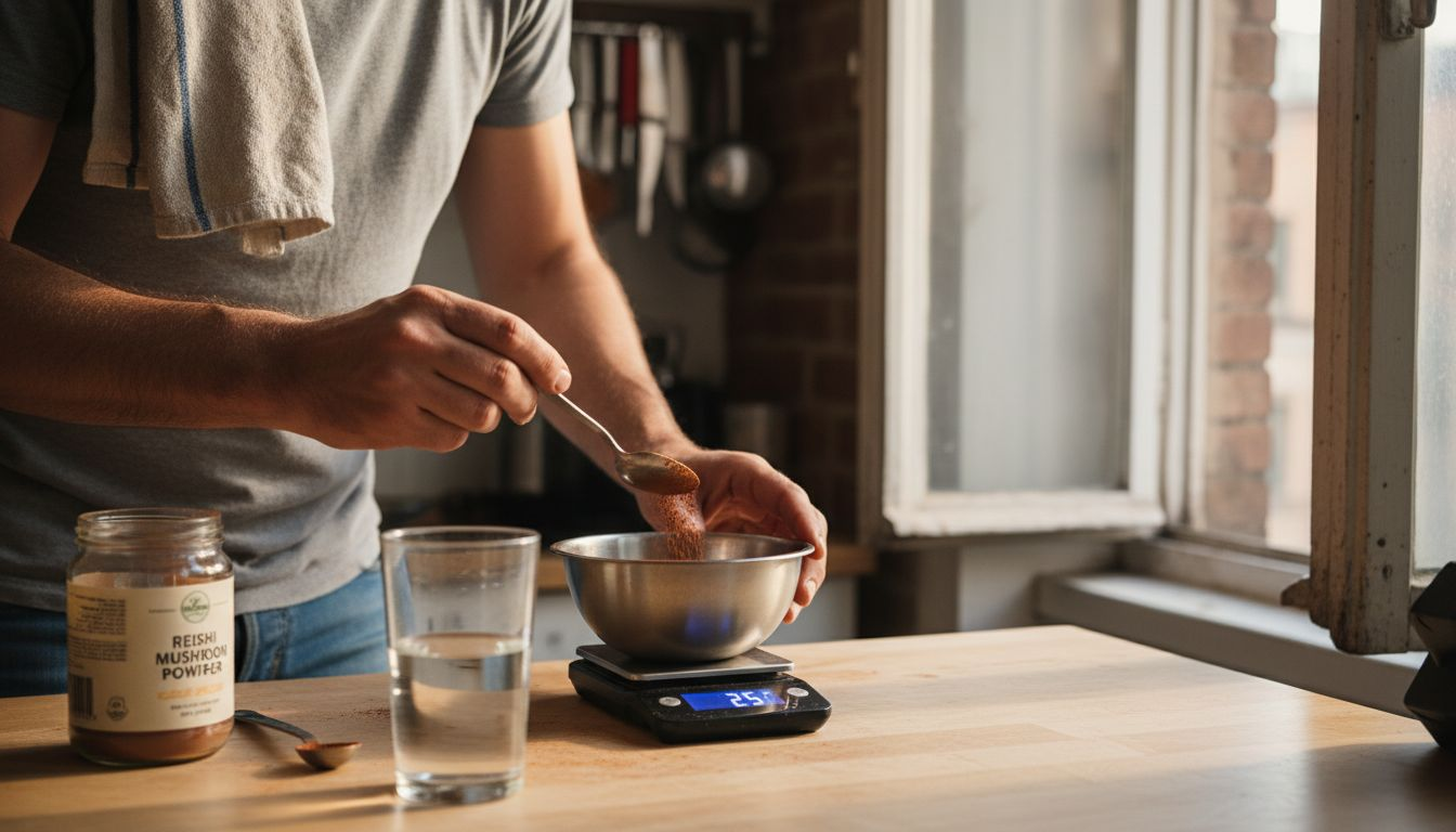 Man weighing mushroom powder on kitchen scale