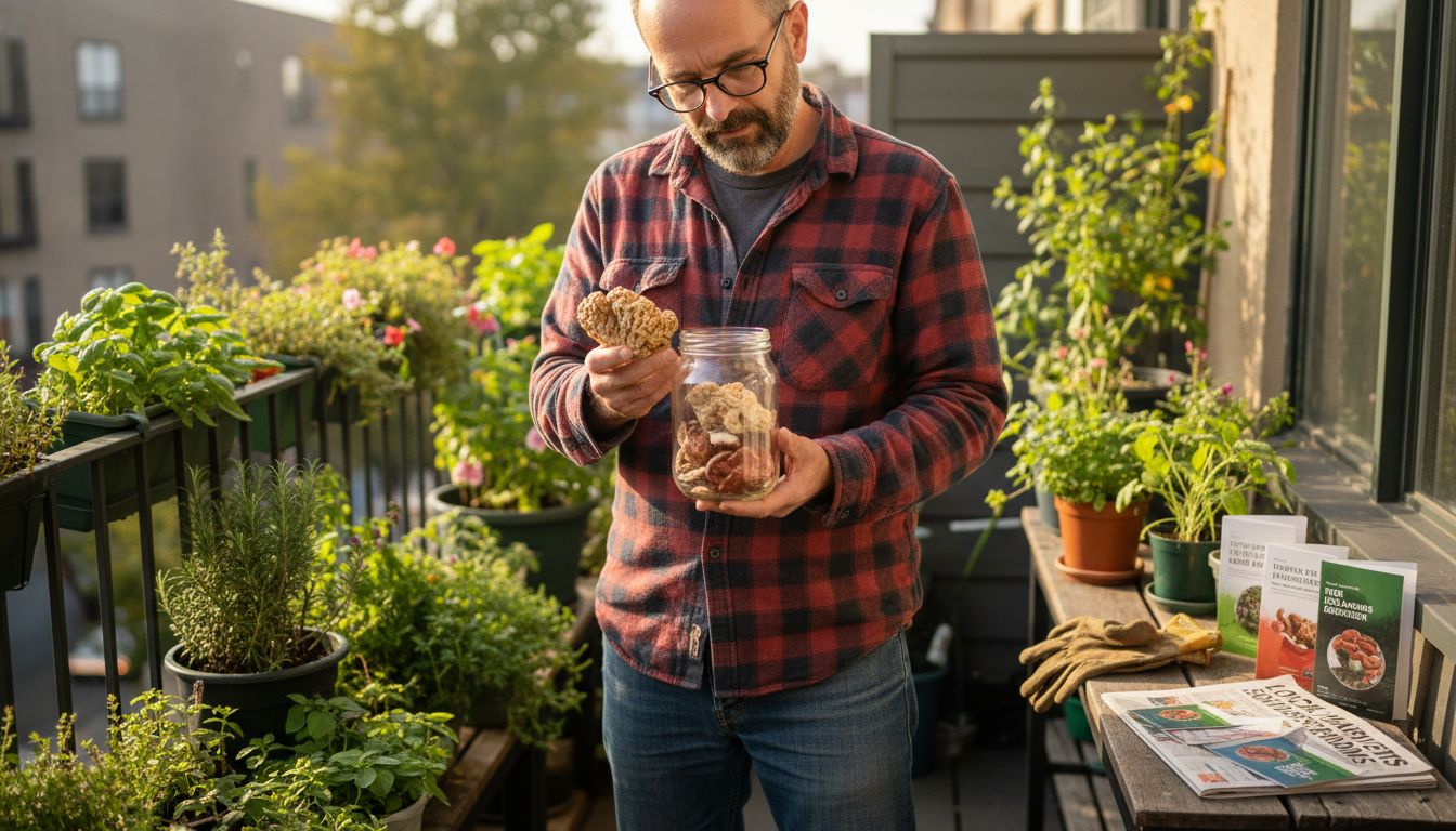 Man comparing medicinal mushrooms for supplements