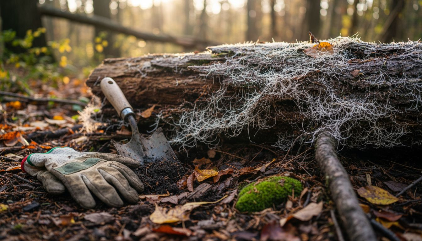 Mycelium network on decaying log close-up