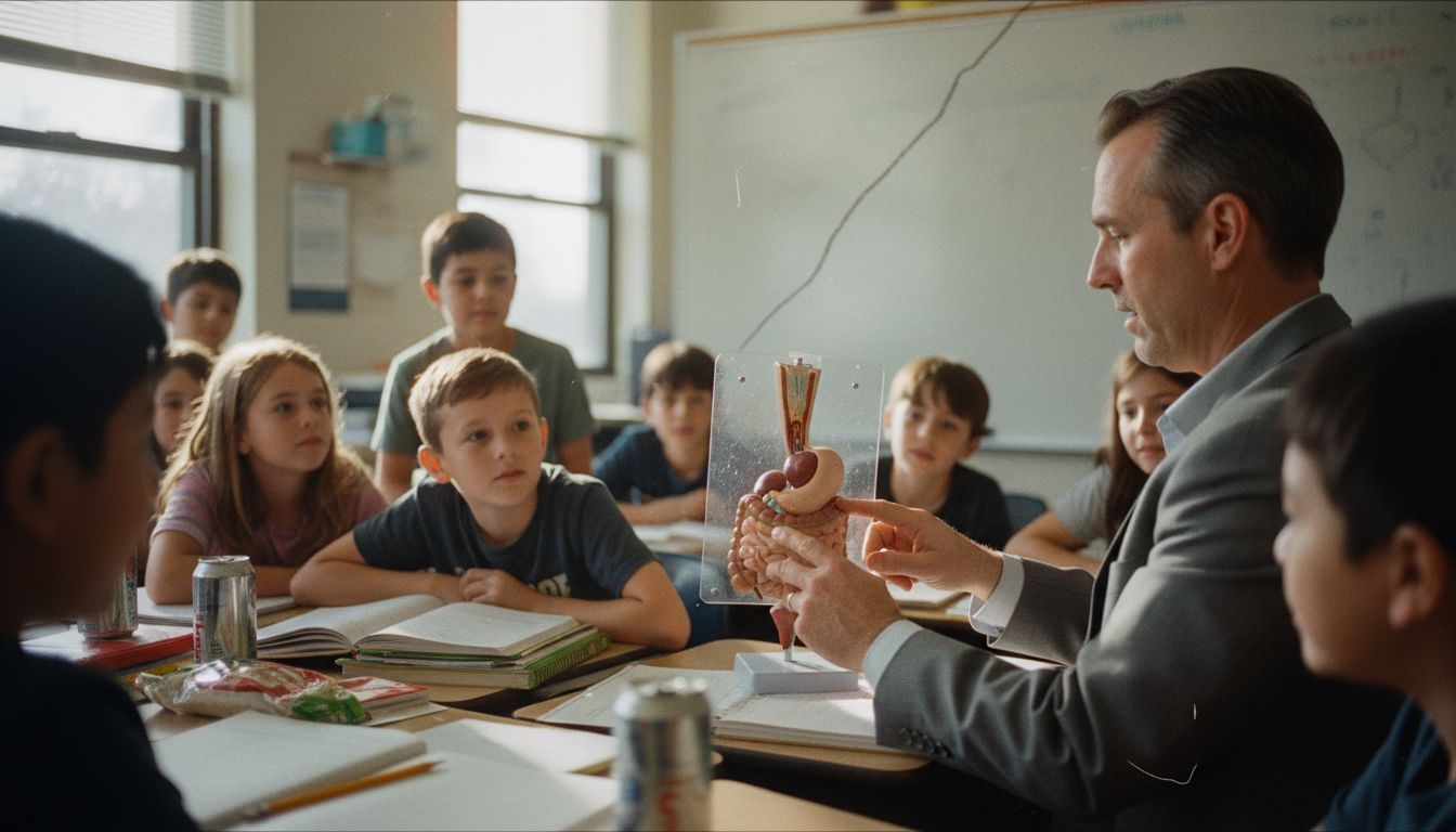 Teacher showing students human digestion model