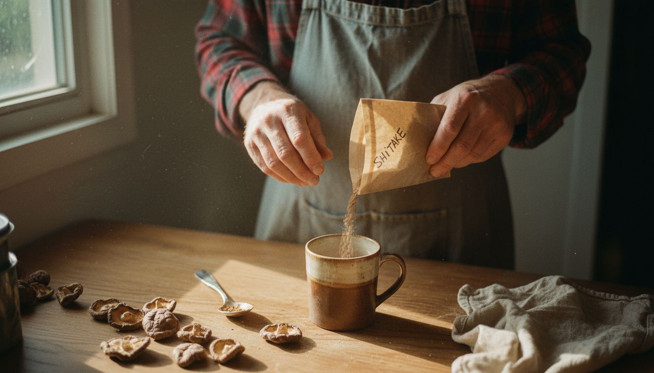 Pouring mushroom powder into mug on messy table