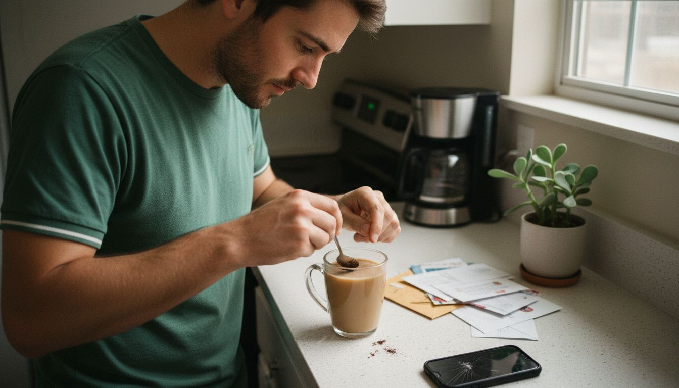 Man mixing mushroom extract into morning coffee
