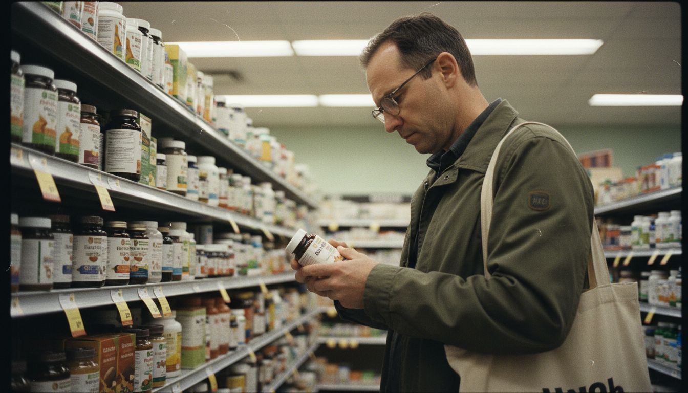 Man selecting mushroom supplement in store