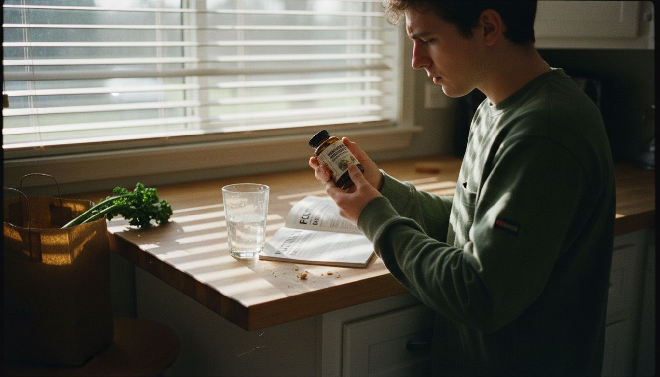 Person examining mushroom supplement label at kitchen