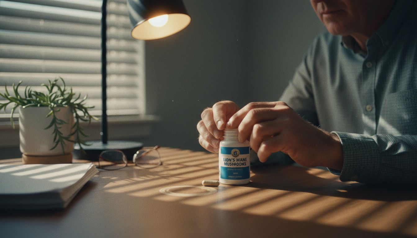 Man opening Lion's Mane capsules at desk