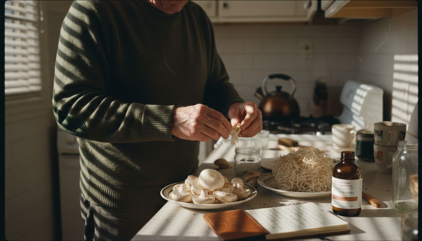 Man separating mushroom caps and mycelium