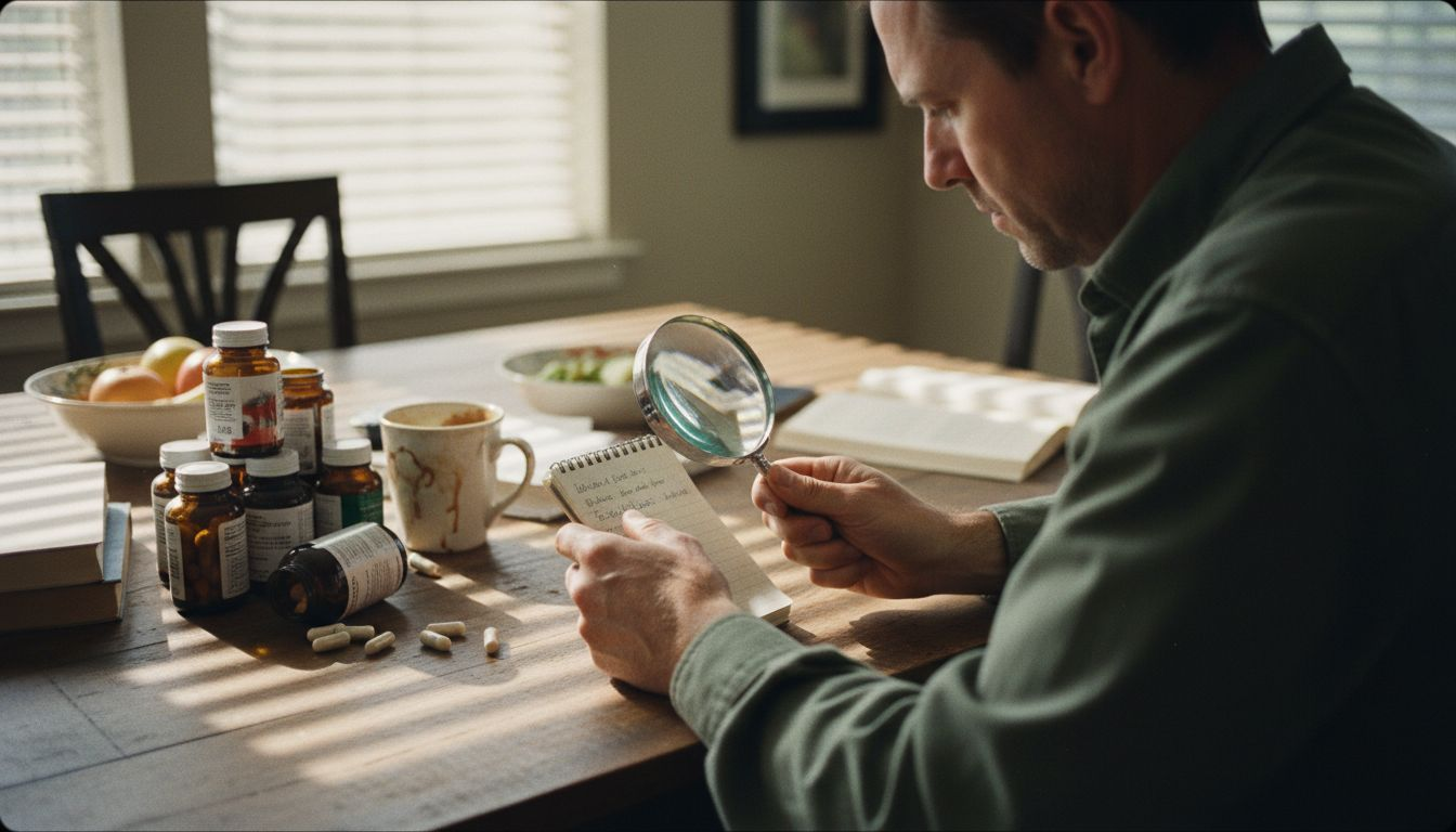 Inspecting mushroom supplement quality at home table