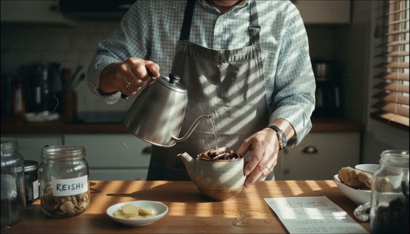 Man preparing functional mushroom tea on kitchen counter