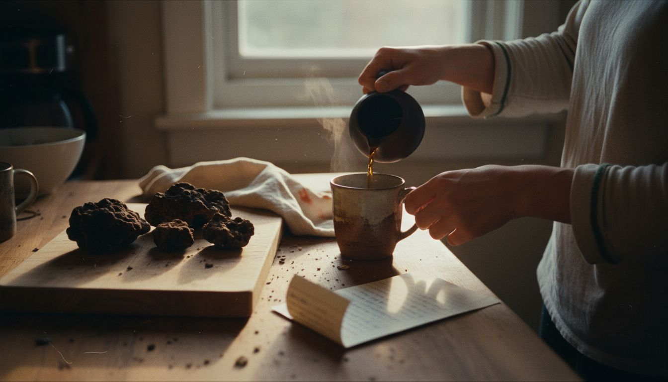 Brewing and pouring fresh chaga tea at home