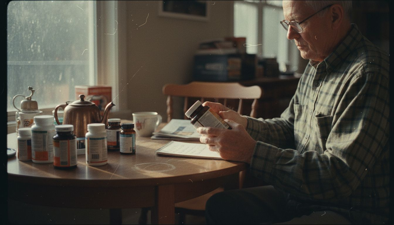 Man reading medicinal mushroom supplement label