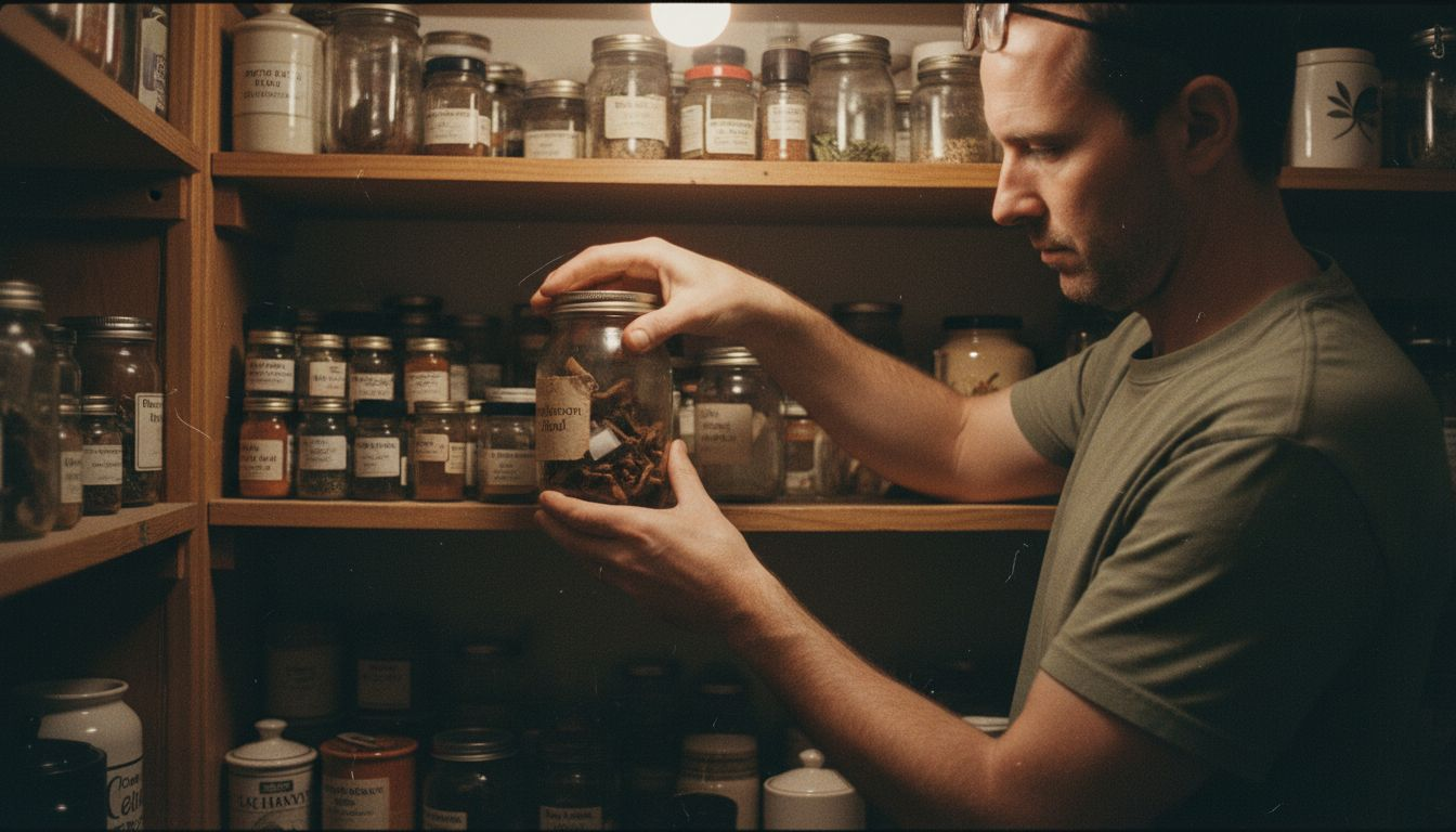 Man storing sealed mushroom powder jar in pantry