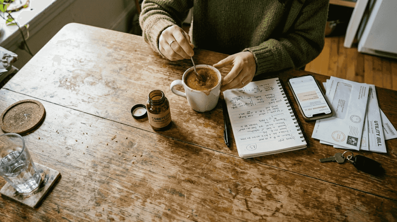 Woman preparing Cordyceps supplement in kitchen