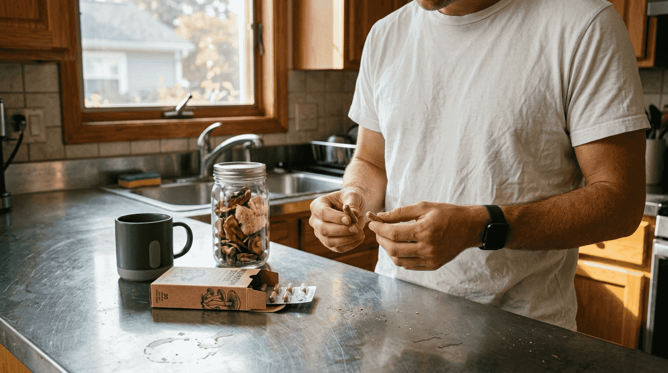 Person compares mushroom capsules and packaging