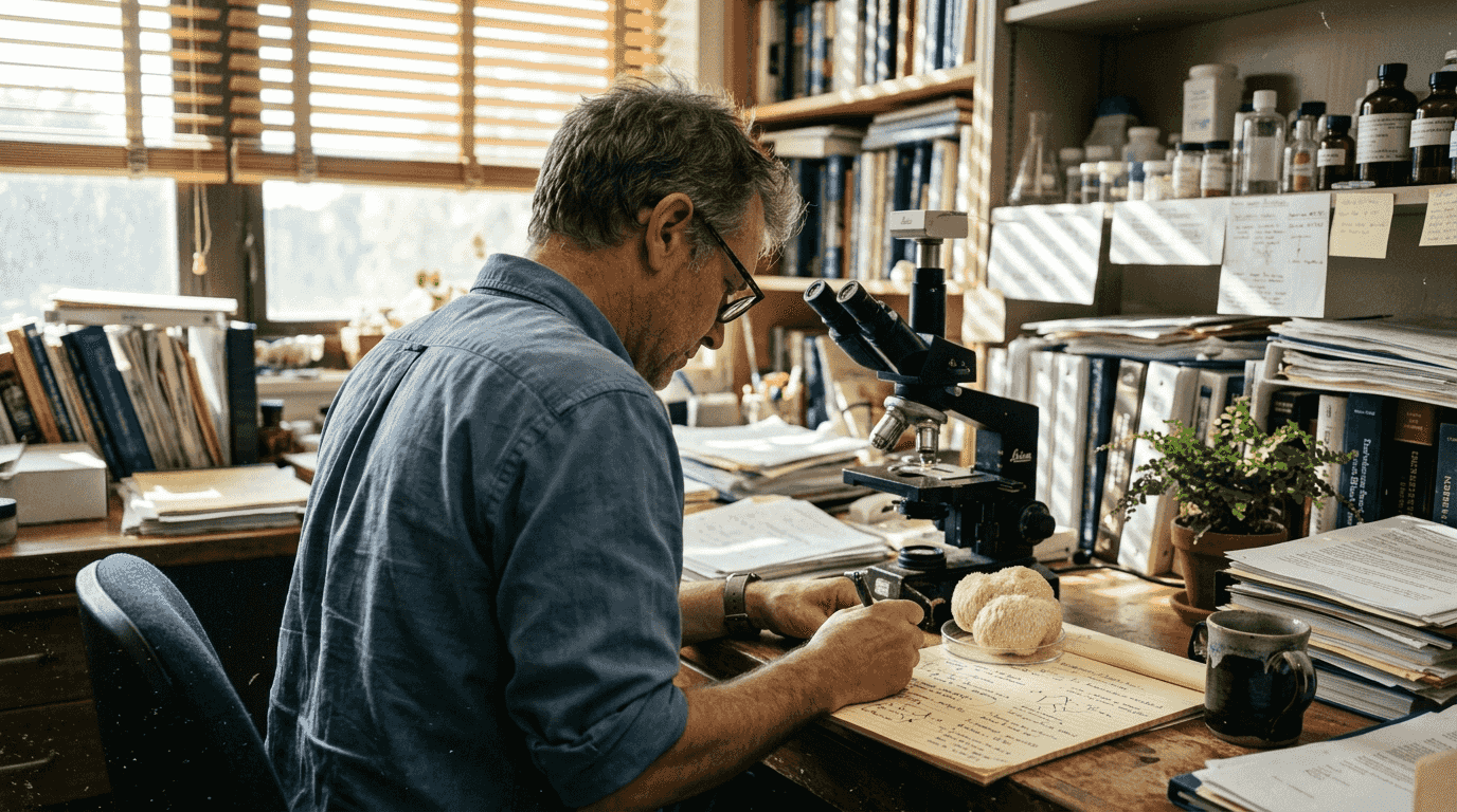 Neuroscientist studying lion’s mane mushroom at desk