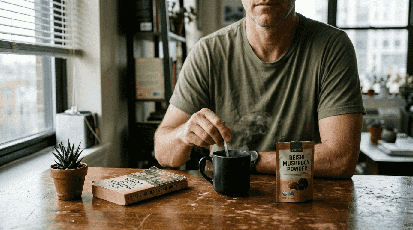 Man preparing reishi mushroom tea for stress balance
