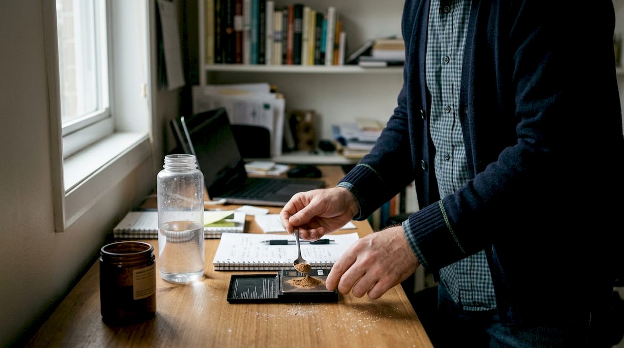 Man measuring mushroom powders on digital scale