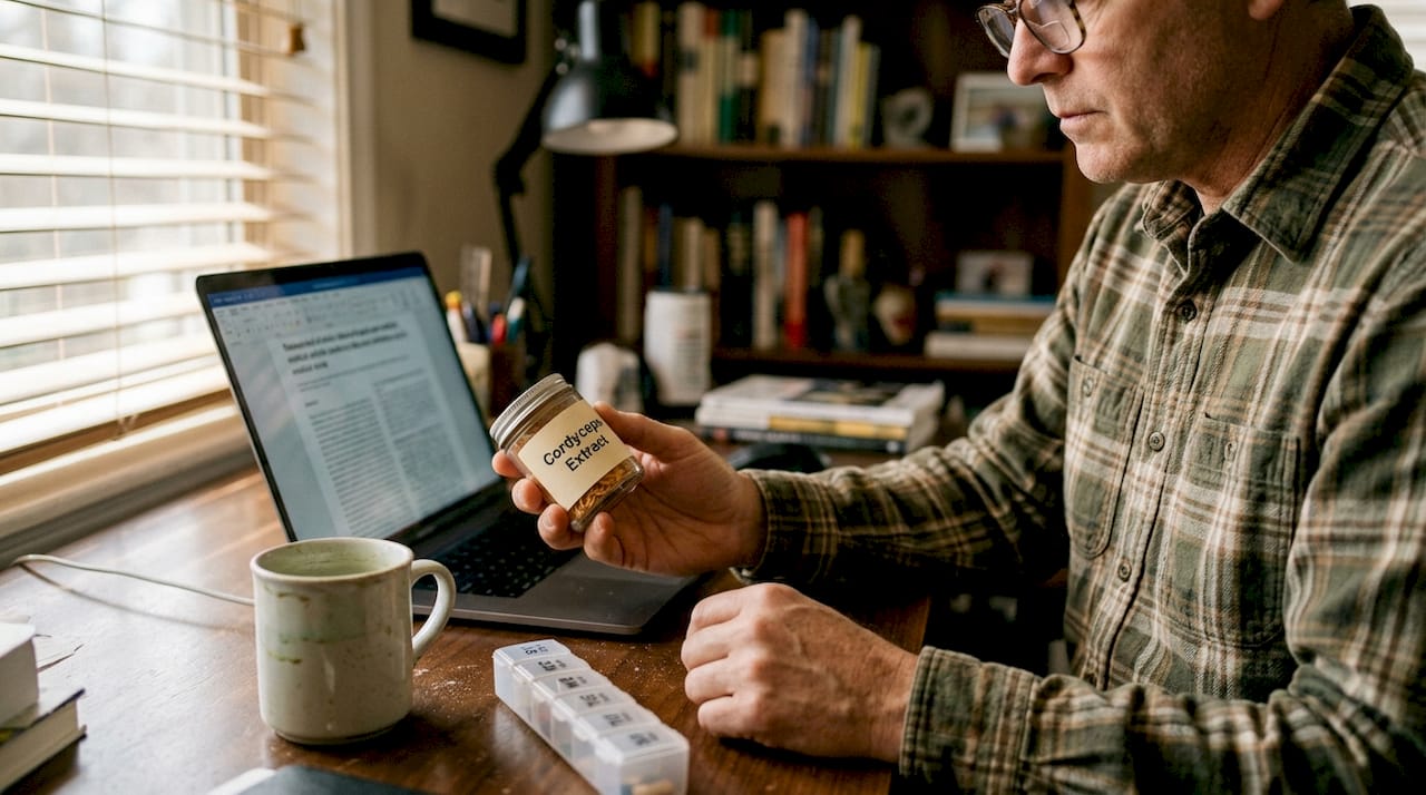Man with Cordyceps extract at home office desk