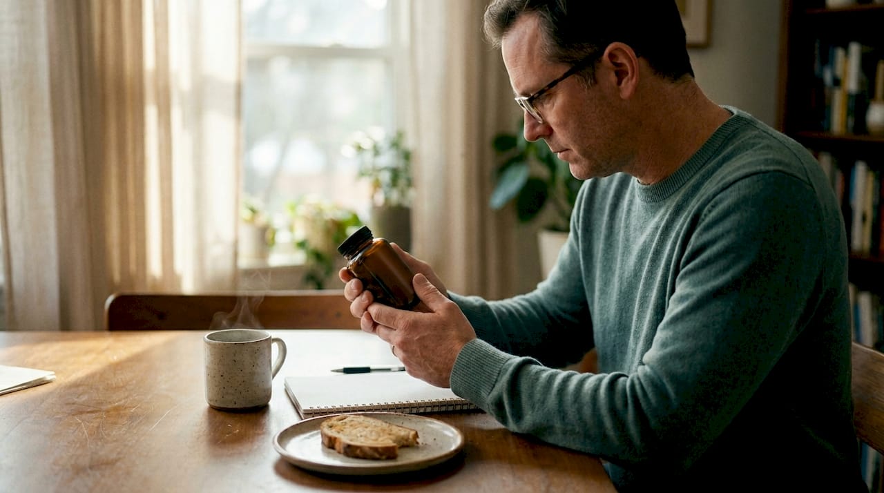 Man reading mushroom supplement bottle at table