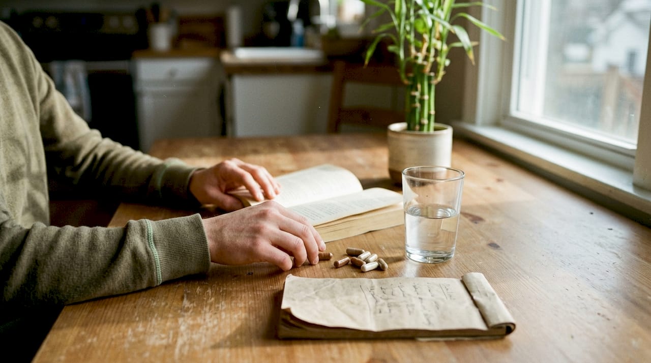 Mushroom supplement capsules on sunlit table