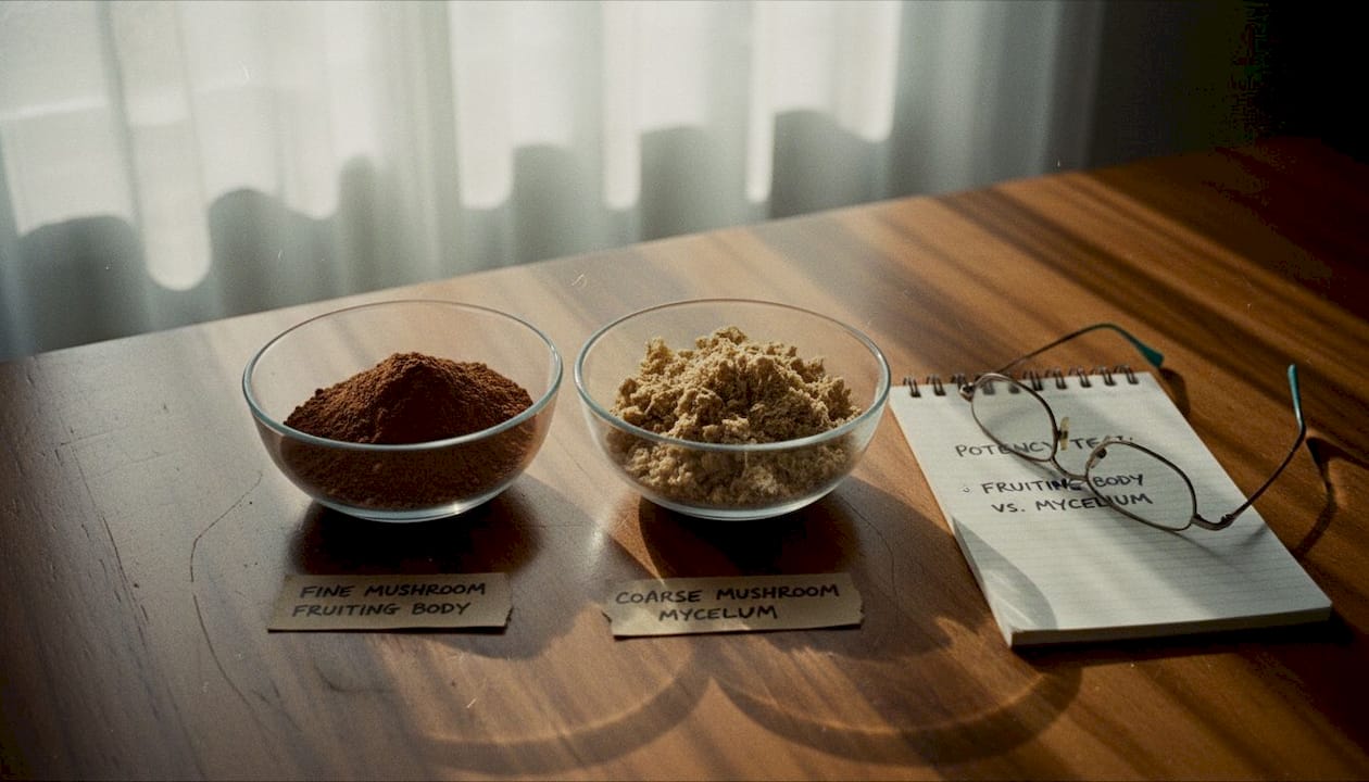 Comparing mushroom fruiting body and mycelium powders