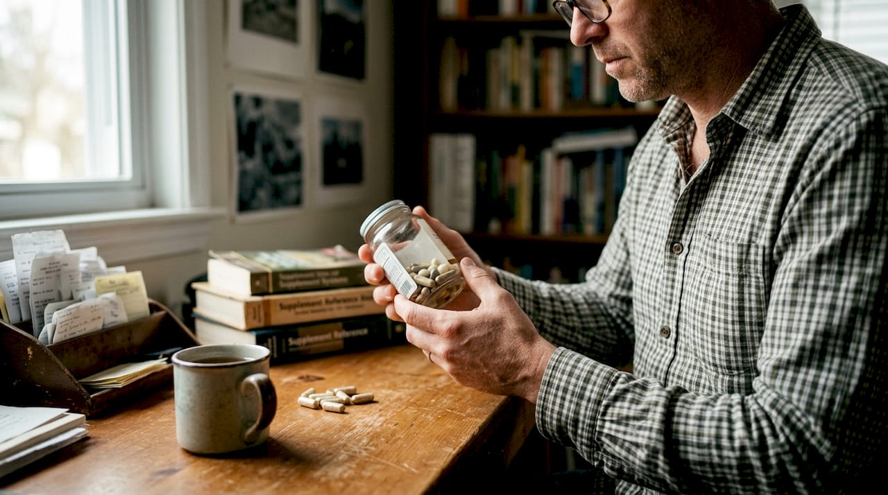 Man checking mushroom extract at home desk