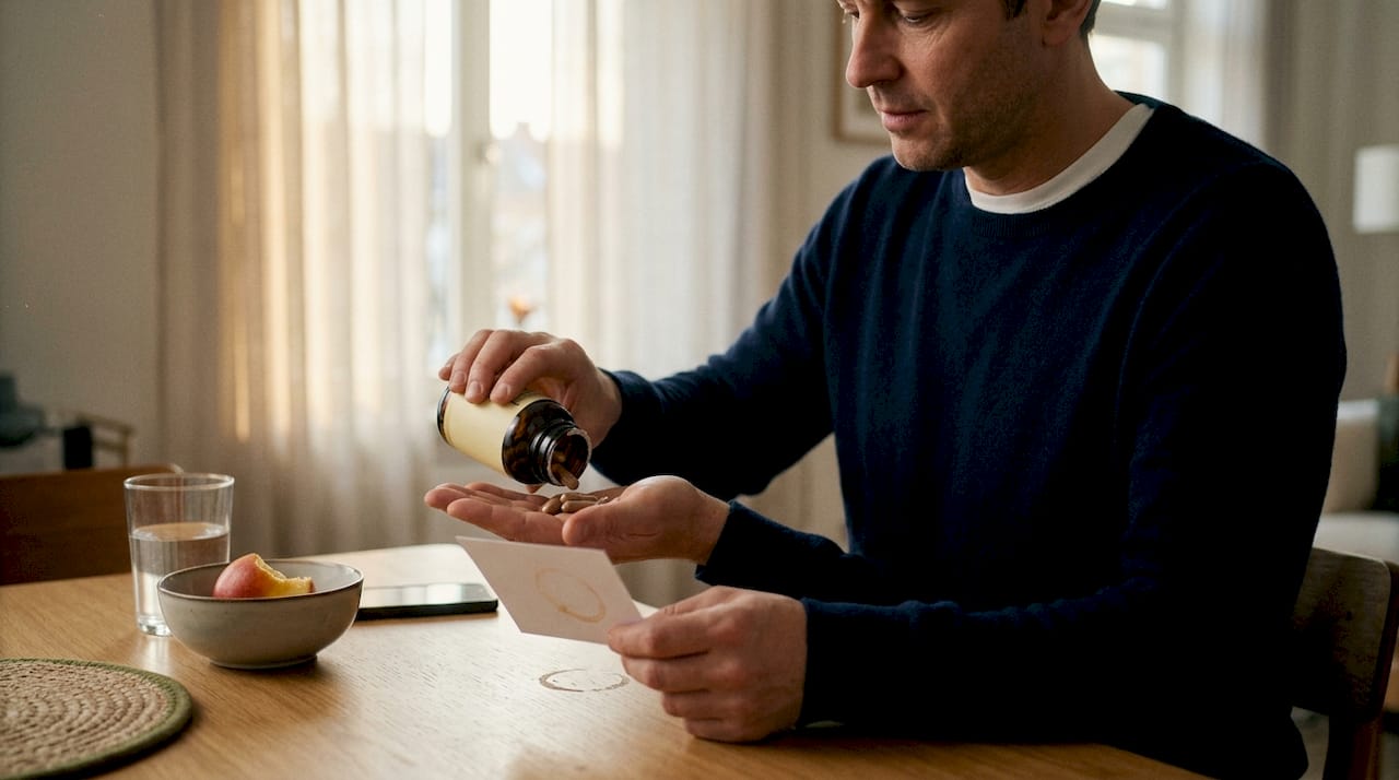 Man takes mushroom supplement at dining table
