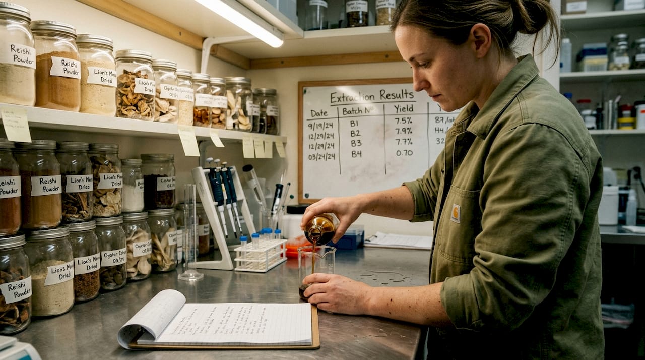 Technician preparing mushroom extract in lab setting