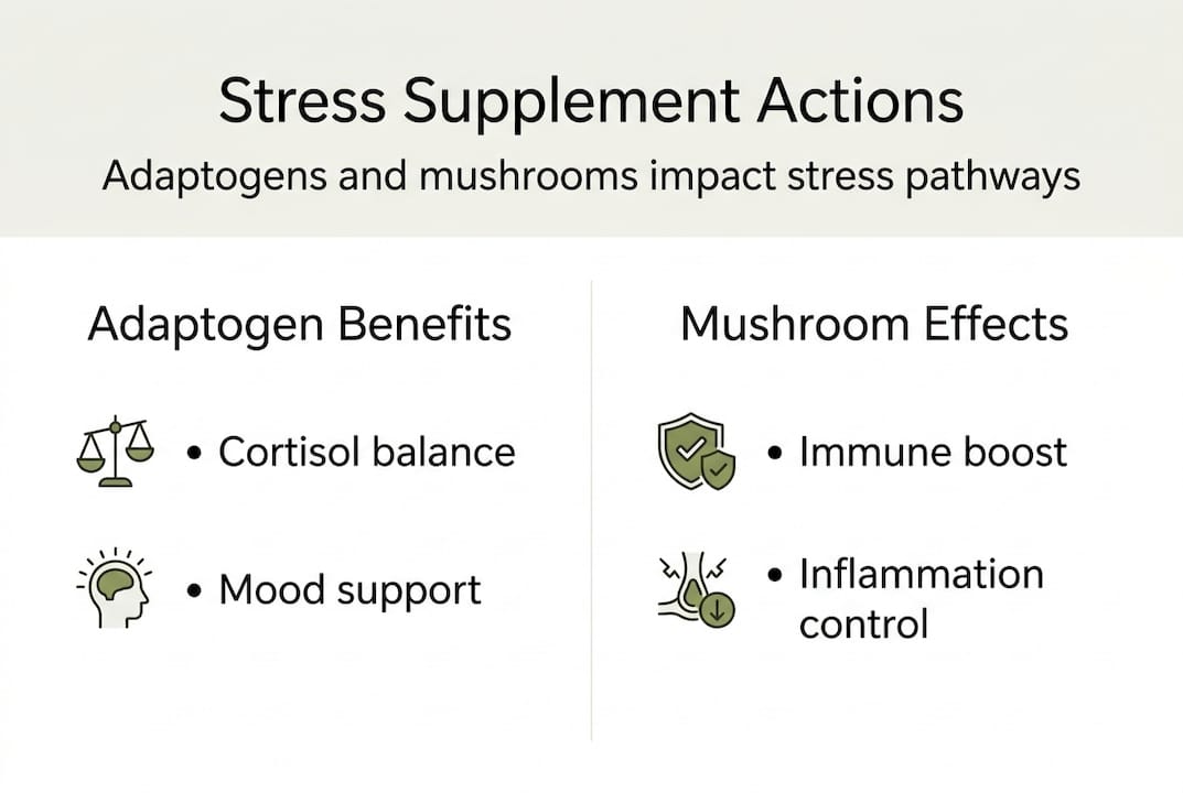 Infographic showing stress supplement benefits and actions