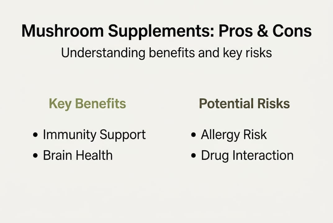 Infographic showing mushroom supplement benefits and risks