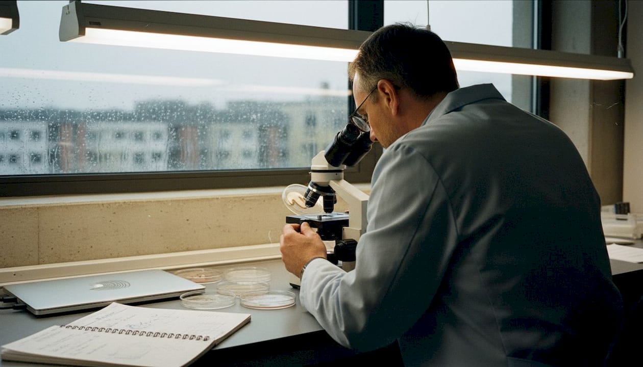 Scientist studying mushroom sample in laboratory
