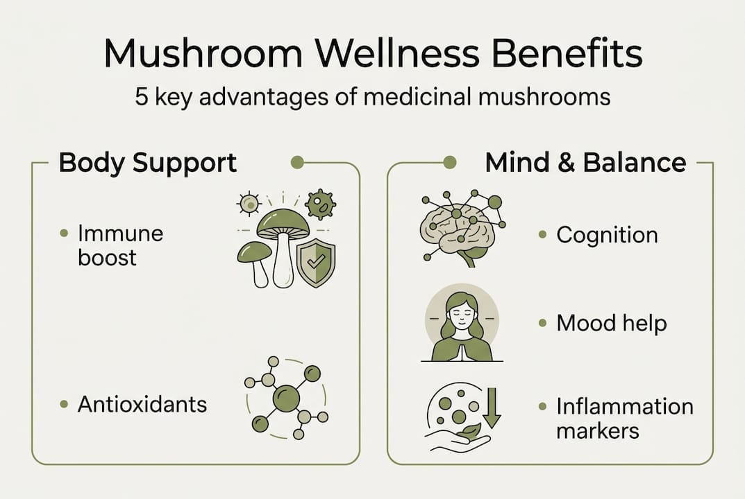 Infographic highlighting five mushroom wellness benefits
