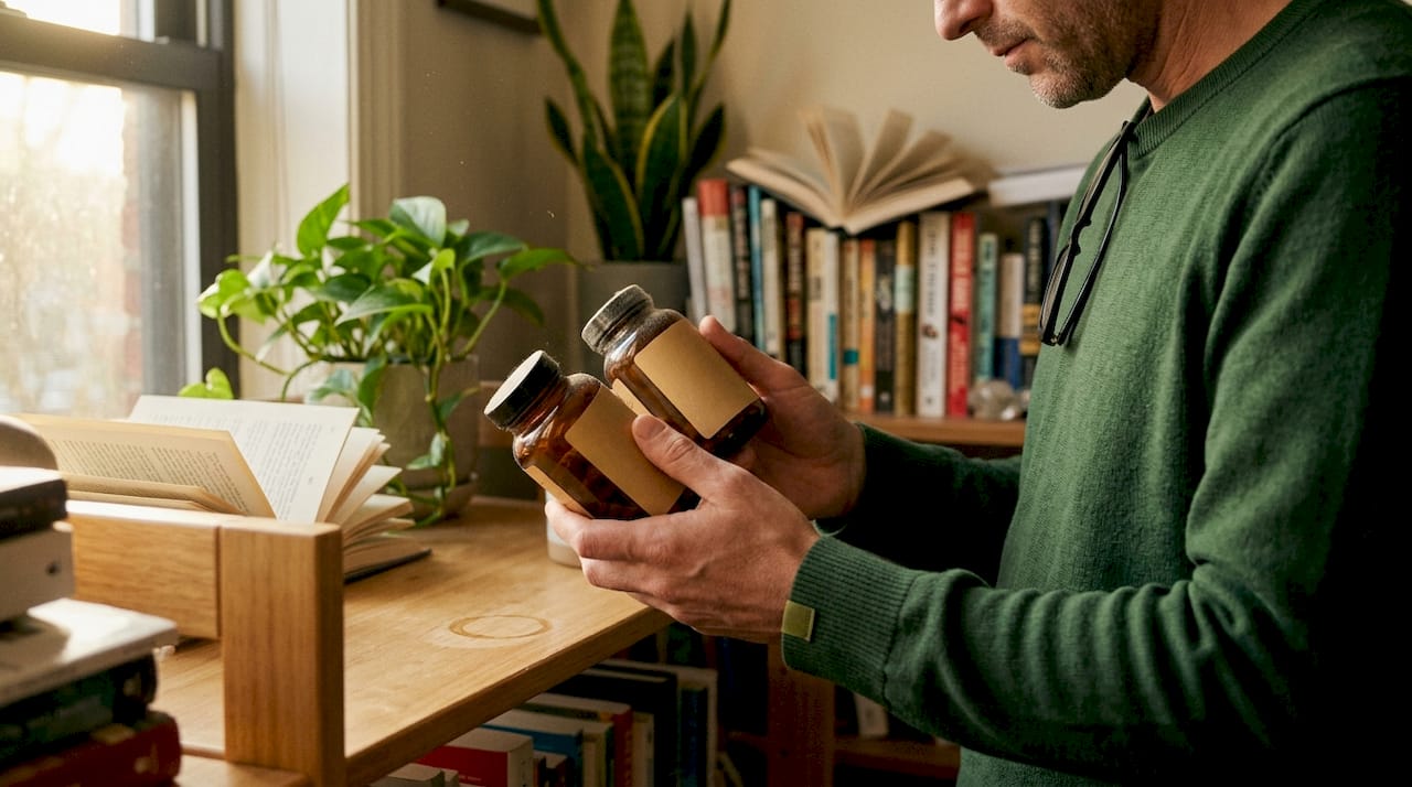 Man comparing mushroom supplements at home shelf