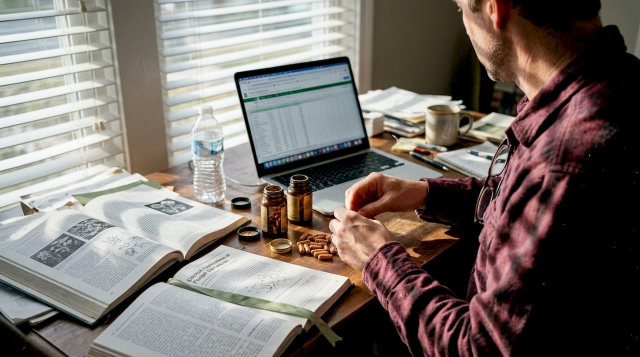 Man sorting mushroom supplements home office desk