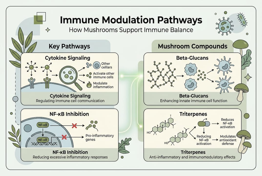 Infographic showing core immune pathways and mushroom compounds