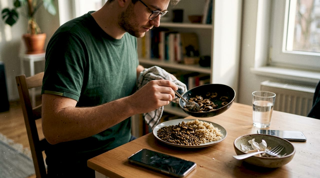 Man adding mushrooms to lentil rice plate