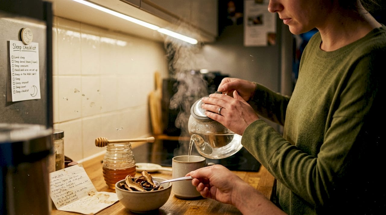 Woman making reishi tea at night