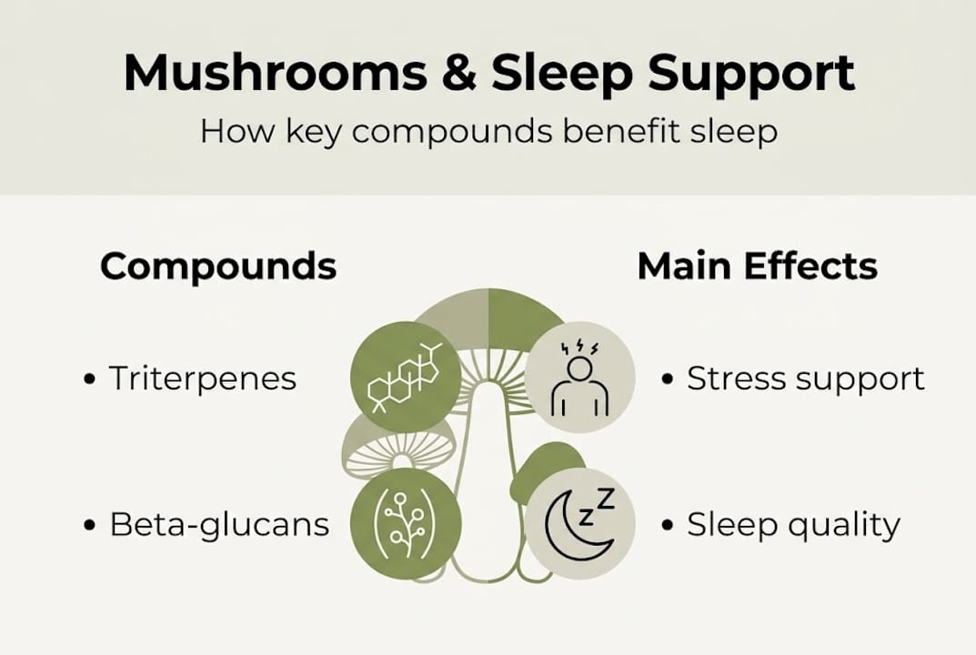 Infographic linking mushroom compounds to sleep benefits