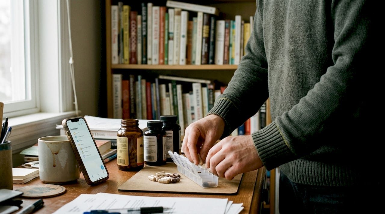 Man fills pillbox with mushroom supplements