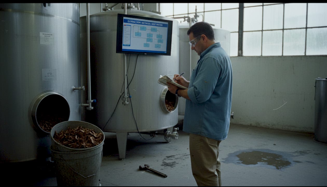 Manager reviews mushroom extraction process details