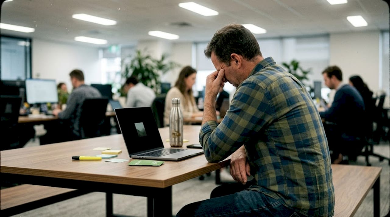 Man sitting tiredly with cordyceps mushroom powder