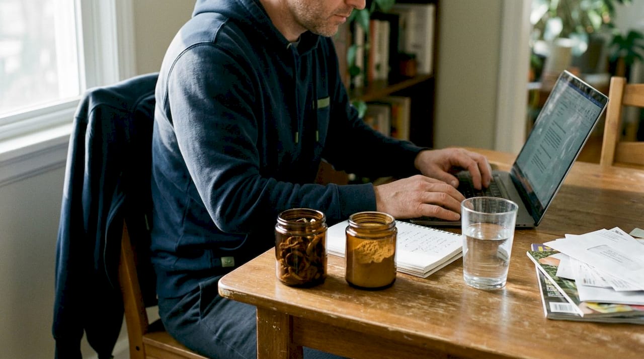 Man comparing single and blend mushroom extracts